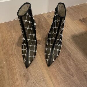 Betsey Johnson Black Mesh Heeled Boots with Silver Accents